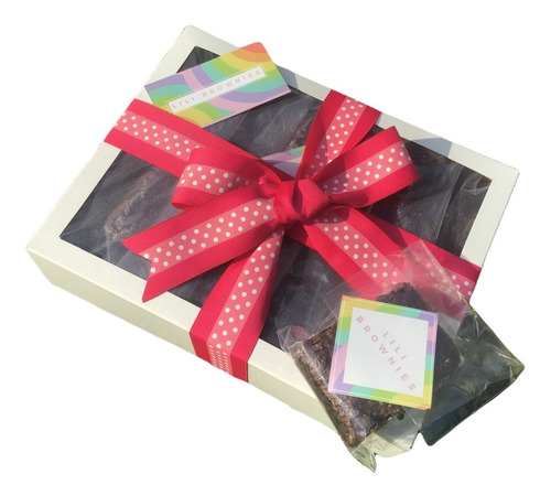 Brownies Fudge Chocolate Con Caja Moño Y Tarjeta Para Regalo