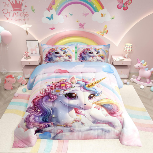 Juego De Edredón King Unicornio Arcoíris Para Niñas Ropa D