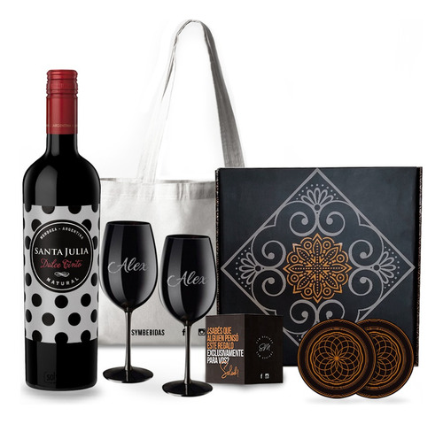 Box Set Vino Santa Julia Tinto Dulce Copas Negras Grabadas