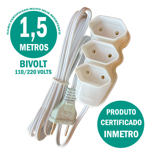 Extensão Elétrica 1,5 Mts Branco 2 X0,75 Bivolt 10a Megatron 127V/220V