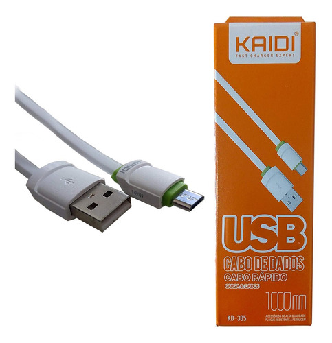 Cabo Micro Usb Carga Rápida E Dados Kaidi Kd-330m 3 Metros Cor Branco