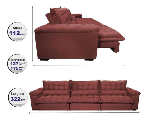 Sofá Retrátil e Reclinável 3,22m com Molas Ensacadas Cama inBox Aconchego Tecido Suede Vermelho