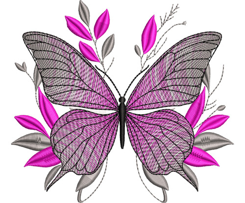 Matriz De Bordado: Mariposa Gris Y Rosa - 4 Tamaños