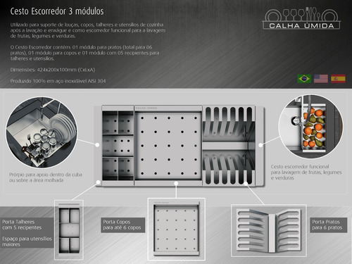 Cuba Inox Quadrada 500 X 400 Com Cesto Escorredor E Válvula Cor Escovado Scotch Brite
