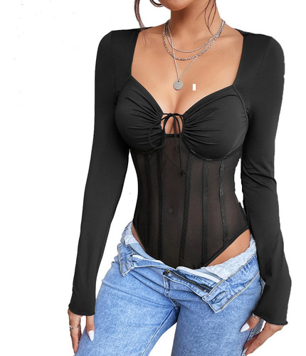 Blusa Body Corselet Corset Balada Fiesta Malla Manga Larga