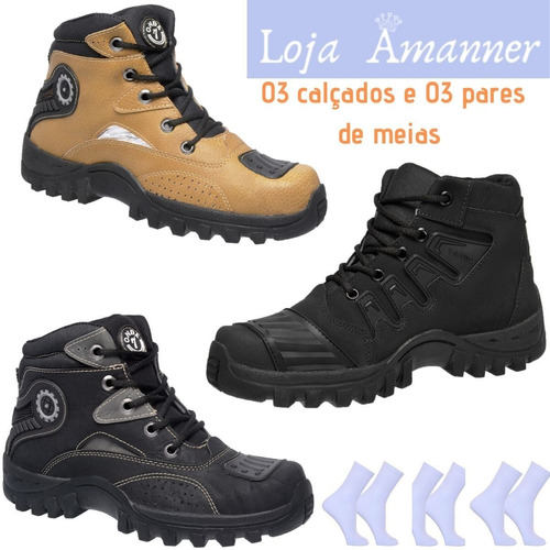 Kit De Motoqueiros Atacado Cuturno Tênis Botas 3 Pares De Calçados Da Cidade De Franca Sp + 3 Pares De Meia Branca Sport | Mercado Livre