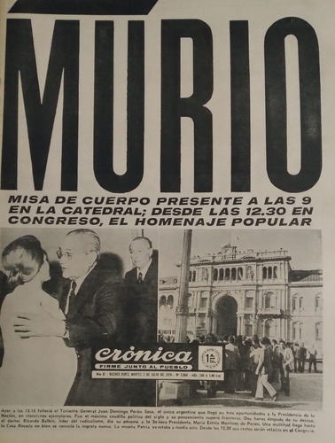 Diario Cronica Del 2 De Julio De 1974 Murio Juan Peron