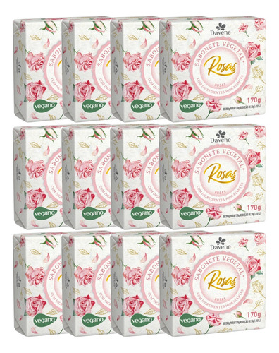 12un Sabonete Vegetal Rosas 170g Davene