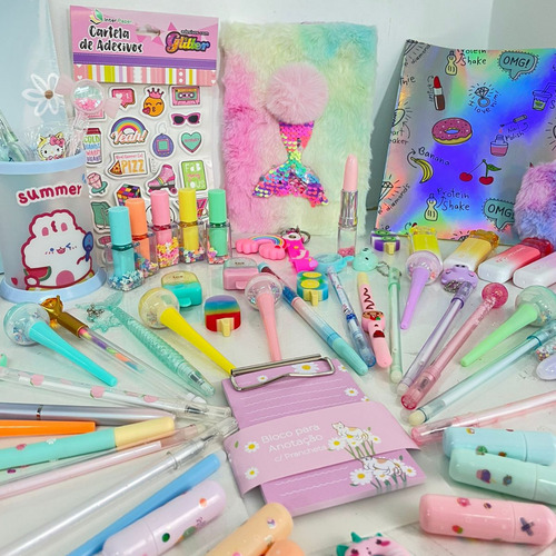 Kit Papelaria Kawaii 15 Itens Fofos Com Caderno Inteligente