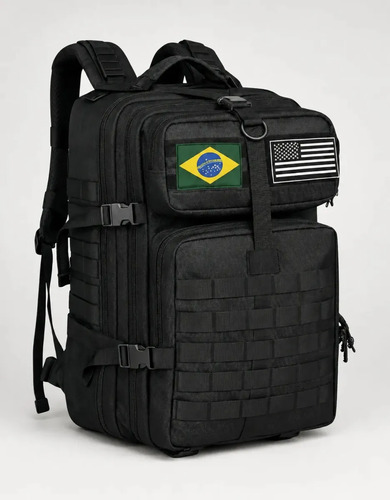 Mochila Tática Militar 50l Bagear Masculina Reforçada Impermeável Ideal Para Trabalho Viagem Camping Caça Pesca Com 2 Patch Bandeira Brasil Eua Cor Preta