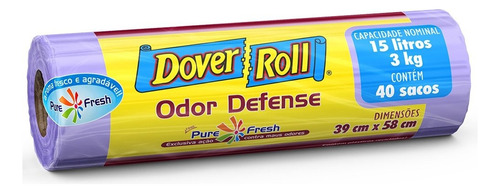 Saco de Lixo Odor Defense Cor Lilás 15 Litros Dover Roll com 40 unidades