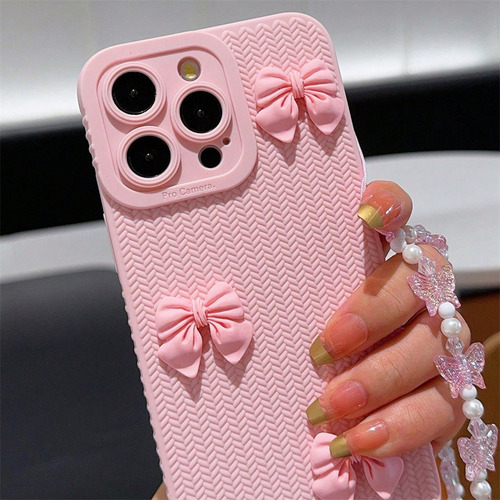 Funda Para iPhone Cute Fashion 3d Con Forma De Lazo Rosa Y Cadena Con Forma De Mariposa