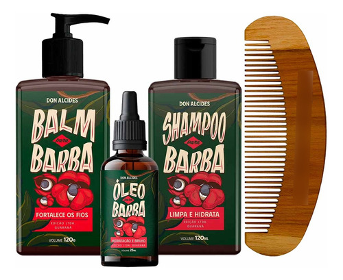 Kit Balm Óleo Shampoo Pente Curvo Barba Guaraná Don Alcides