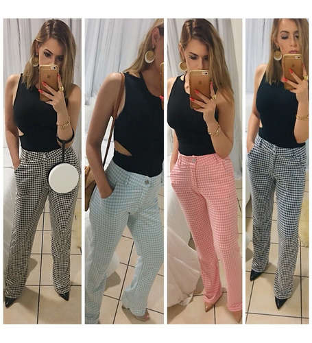 calça alfaiataria feminina cintura alta xadrez