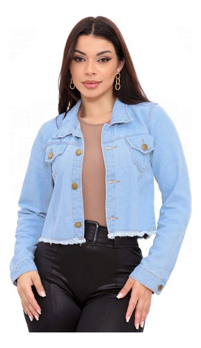 Jaqueta Jeans Feminina Cropped Barra Desfiada Casaco Blusa