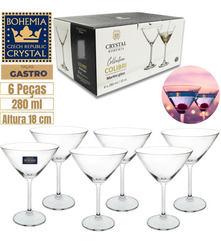 6 Taças Vidro Crystal Titânio Bohemia Martini Cocktail 280ml Cor Transparente