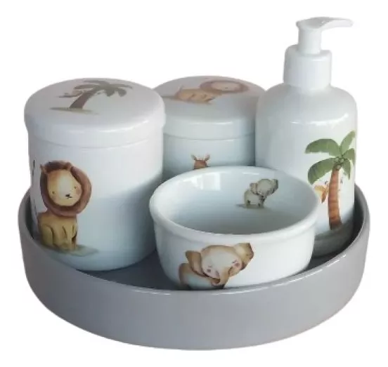 Kit Safari Porcelana Branco Bandeja Louça Cinza Bebê 