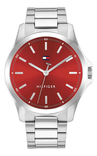 Reloj Tommy Hilfiger Hombre 1710677 Casual Malla Plateado Bisel Plateado Fondo Rojo