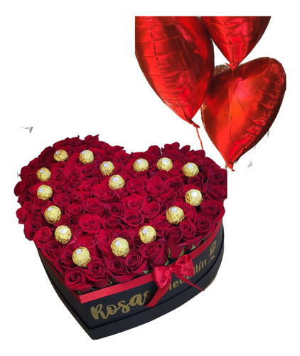 Corazón Lujo 100 Rosas, Chocolates Y  Globos Helio 