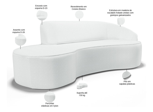 Sofá 3 Lugares Curvo Firenze Direito Corano Branco 210cm C12