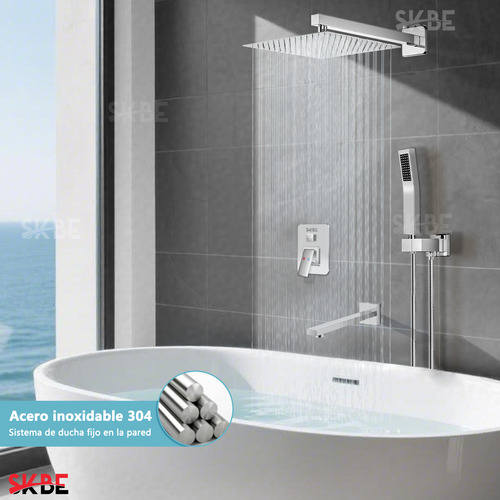 Skbe® Regadera Cuadrada Kit Alta Presión Baño Ducha De Lujo Acero Inoxidable Con Regadera Telefono Y Grifo Del Baño Ancho Acabado Brillante