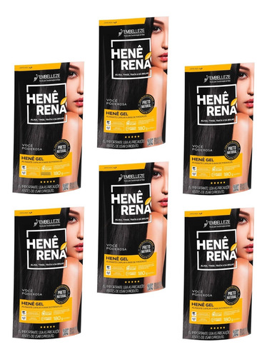 Hene Em Gel Rena Preto Natural 06x180gr Pouch Embelleze 