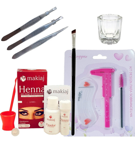 Kit Henna Makiaj Sobrancelha Paquimetro Pincel Dappen Pinça Cor Loiro