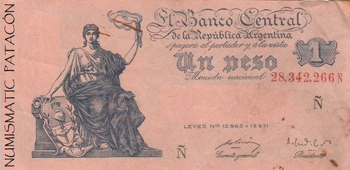 Billete Argentina 1 $ Progreso Año 1952 Serie Ñ Bottero 1843