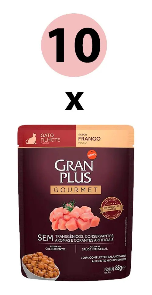 Kit 10 Ração Úmida Granplus Gourmet Gato Filhotes Frango 85g Sachê