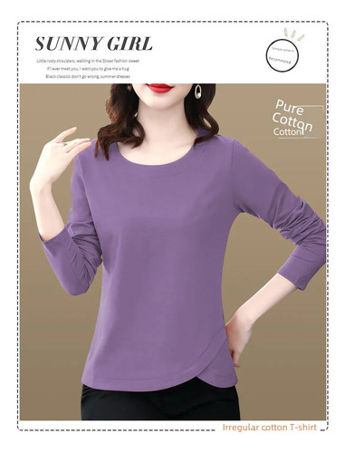 Camiseta Holgada De Algodón Con Cuello Redondo Y Manga Larga