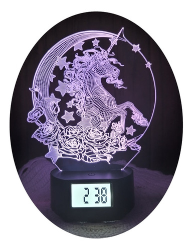 Unicornio Pegaso Con Ala Lámpara Led Ilusión 3d Reloj Alarma