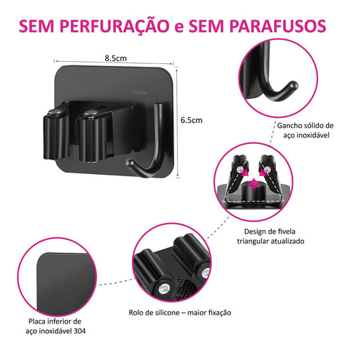 Cabide Suporte de Vassoura Individual de Inox Preto Instalação com Adesivo para Pendurar Vassoura 1 Gancho Organizador de Cozinha e Area de Serviço