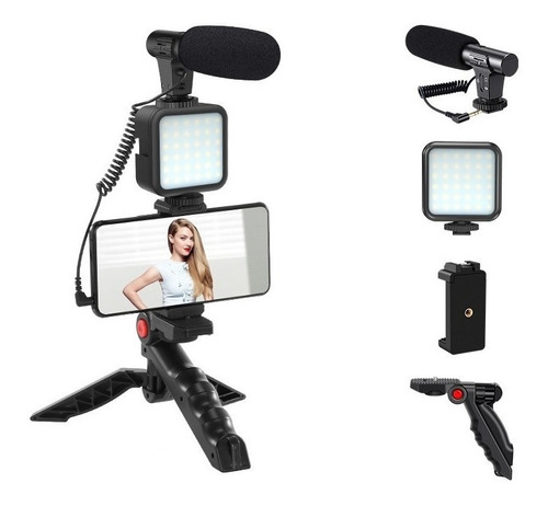 Kit Streaming Hügel Vl-mm2 Micrófono Luz Led Soporte Celular Color Negro