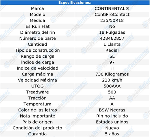 Llanta 235/50 R18 Continental Contiprocontact 97h
