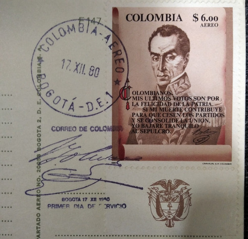 Postal Estampillada Con Firma Conmemorativa De Simón Bolivar