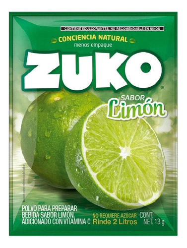 Zuko Polvo Para Bebida Sabor Limón De 13 G Rinde 2 Lt