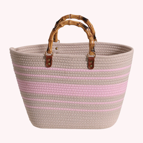 Bolsos De Playa De Moda Con Mango De Bambú, Algodón Tejido A