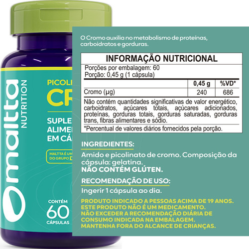 Picolinato De Cromo - 60 Cápsulas 450mg - Maltta