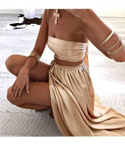 Vestido De Fiesta Largo Lazo En Falda Y En El Crop Top