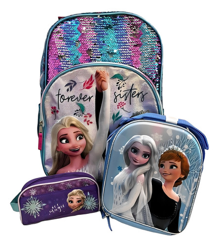 Mochila Elsa Y Ana Frozen Con Lonchera Y Lapicera Disney Color Multicolor