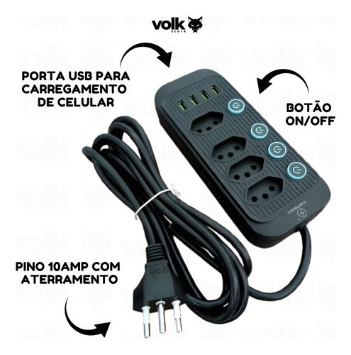 Extensão Filtro De Linha 4 Tomadas + 4 Usb Com 2m 110/220v Branco