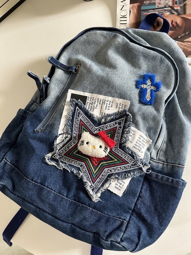 Nn Mochila De Estudante Jeans Com Blocos De Cor Azul