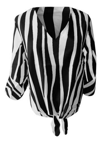Blusa De Chifón A Rayas Con Cuello En V Y Estampado A La Mod