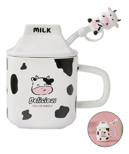 Taza Cerámica Milk Vaquita Con Popote Y Tapa 330ml
