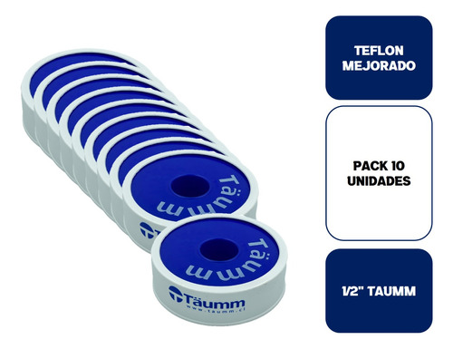 Cinta Teflon 1/2 X 10 Mts Agua Mejor Taumm Pack 10 Unidades