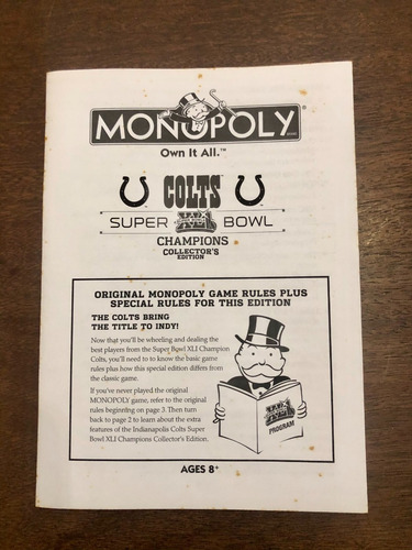 Jogo Monopoly Colts Superbowl Champions Colectors Edition