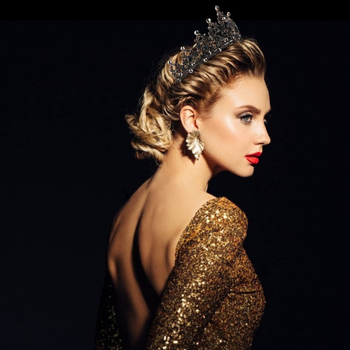 Tiara Corona De Novia Quinceañera Cristales Negro Gold