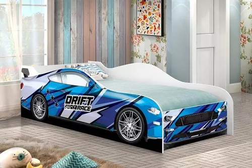 Cama Infantil Carro Drift Azul/Branco c/Colchão