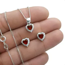 Comprar Cadena, Aretes Topos Y Dije Corazón Piedras Plata 925 Mujer