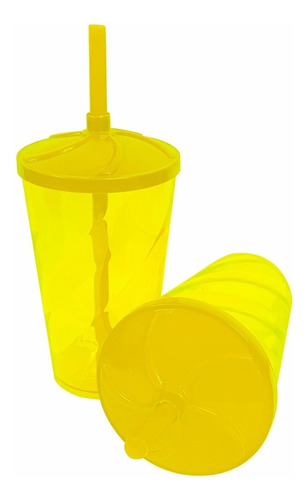 Kit 50 Copo Twister 300ml Com Tampa E Canudo Cor Amarelo Translucido